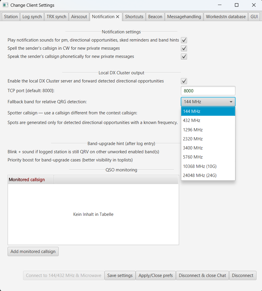 QSO monitoring settings in the Notification tab